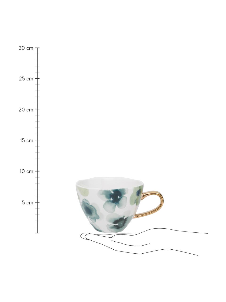 Bemalte Tasse Good Morning mit goldenem Griff, New Bone China, Weiss, Grün, Blau, Goldfarben, Ø 11 x H 8 cm, 350 ml