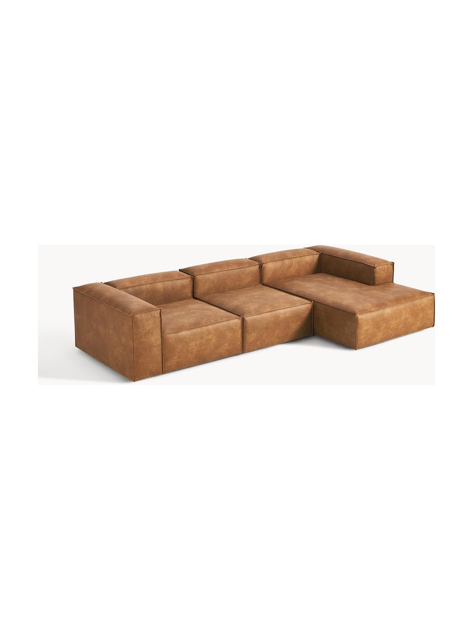 Canapé d'angle modulable en cuir recyclé Lennon, Cuir brun, larg. 327 x prof. 180 cm, méridienne à gauche