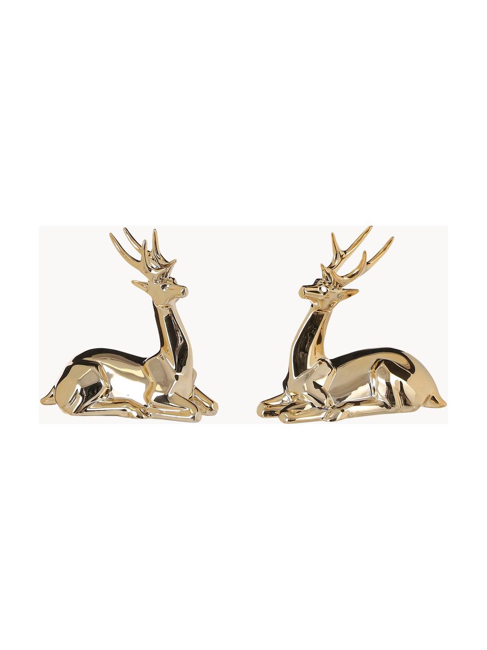 Figuras decorativas ciervos Harold, 2 uds., Porcelana, Dorado, An 14 x Al 14 cm