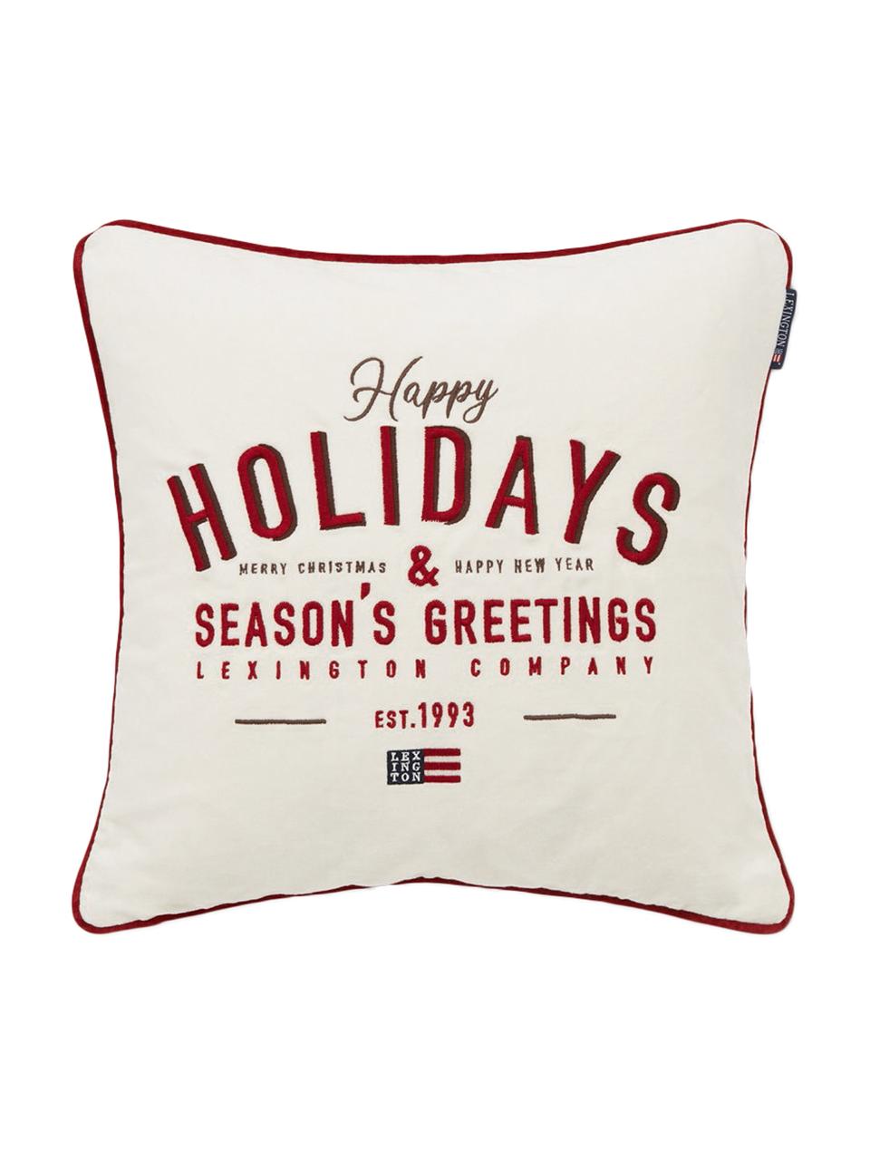 Geborduurde fluwelen kussenhoes Happy Holidays, Katoenfluweel, Wit, rood, 50 x 50 cm