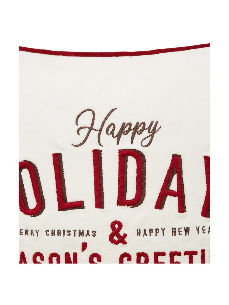 Geborduurde fluwelen kussenhoes Happy Holidays, Katoenfluweel, Wit, rood, 50 x 50 cm