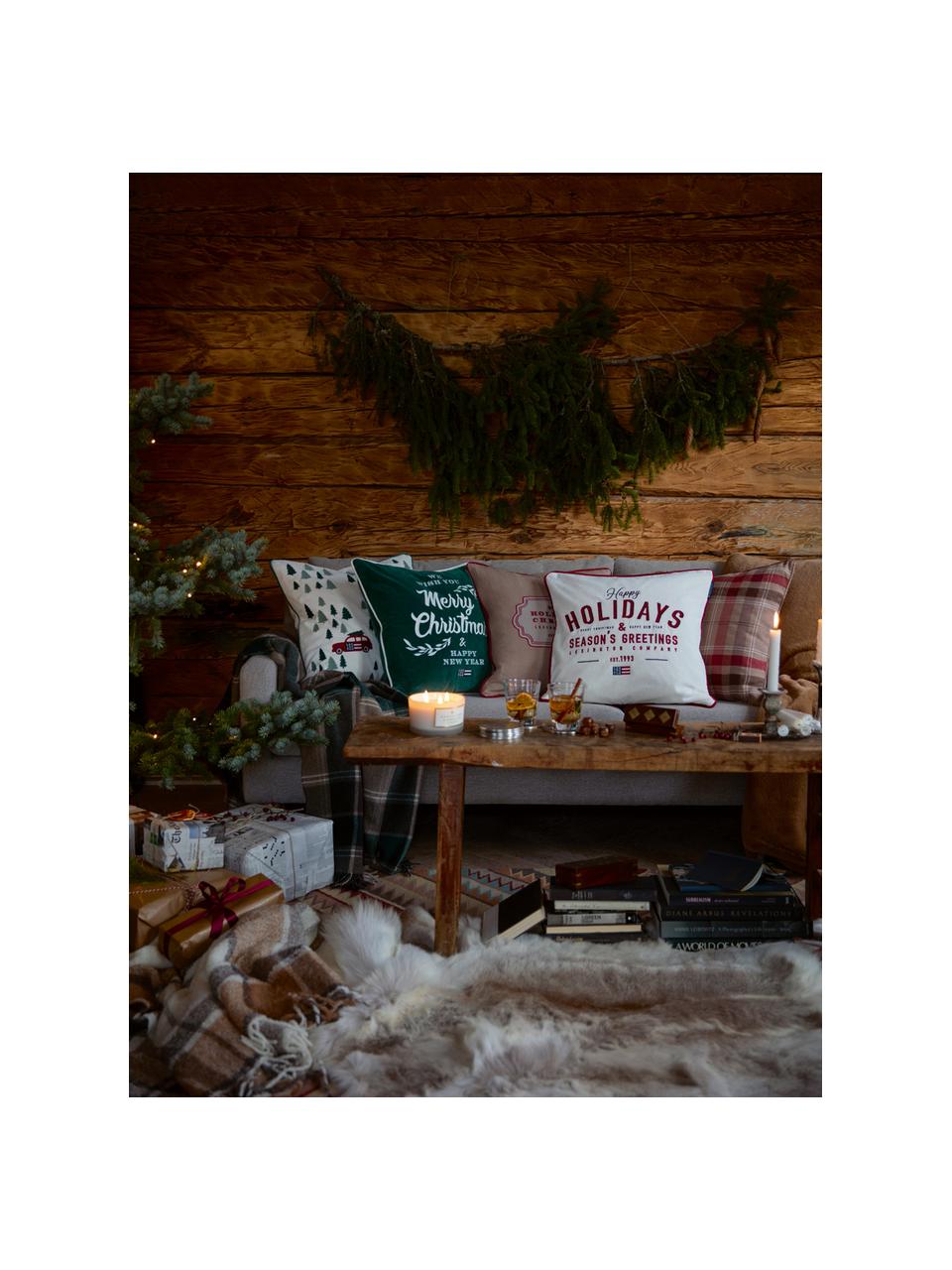 Federa arredo in velluto ricamata Happy Holidays, Cotone, Bianco, rosso, Larg. 50 x Lung. 50 cm
