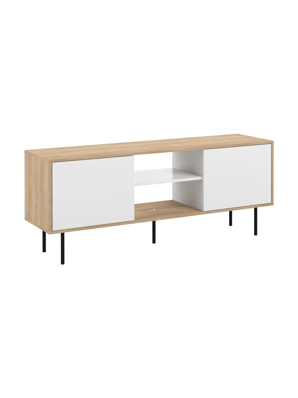 Scandi tv-meubel Altitude, Frame: met melamine beklede spaa, Poten: gecoat metaal, Eikenhoutkleurig, wit, zwart, 151 x 40 cm