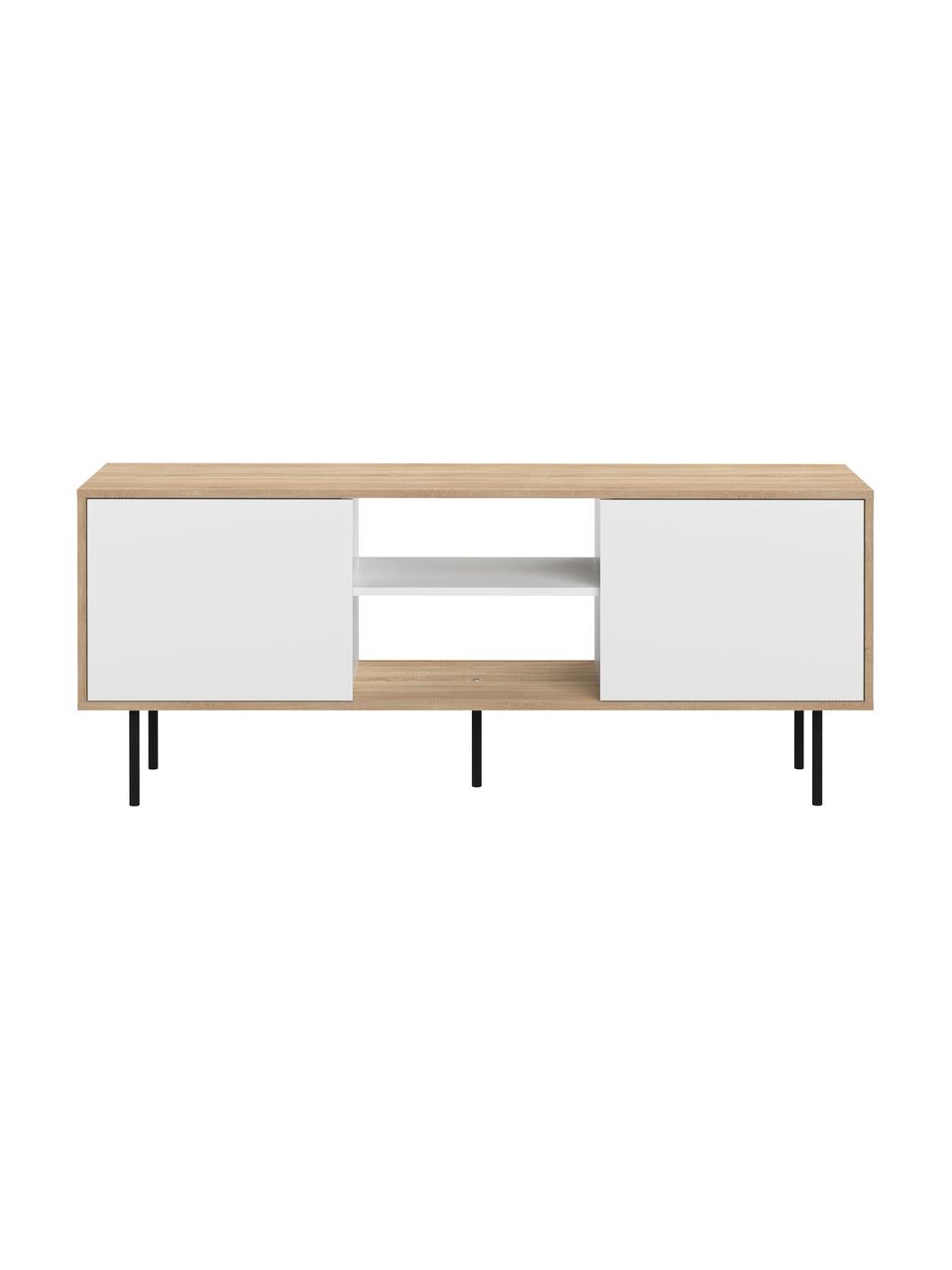 Scandi tv-meubel Altitude, Frame: met melamine beklede spaa, Poten: gecoat metaal, Eikenhoutkleurig, wit, zwart, 151 x 40 cm