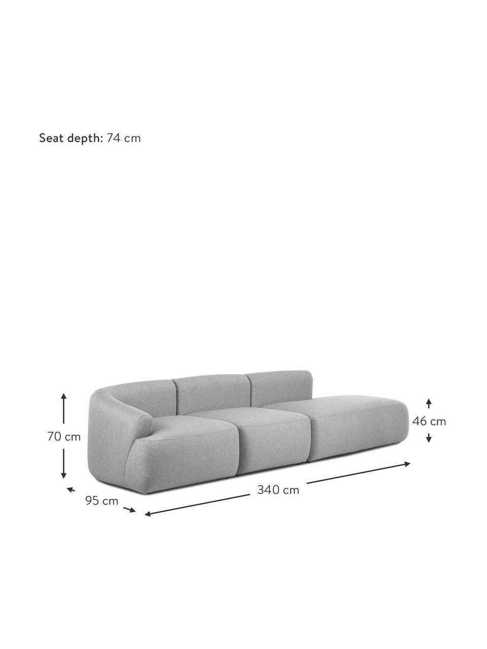 Chaise longue componibile Sofia, Rivestimento: 100% polipropilene Con 23, Struttura: legno di pino massiccio, , Piedini: plastica, Tessuto grigio, Larg. 340 x Prof. 95 cm, schienale a destra