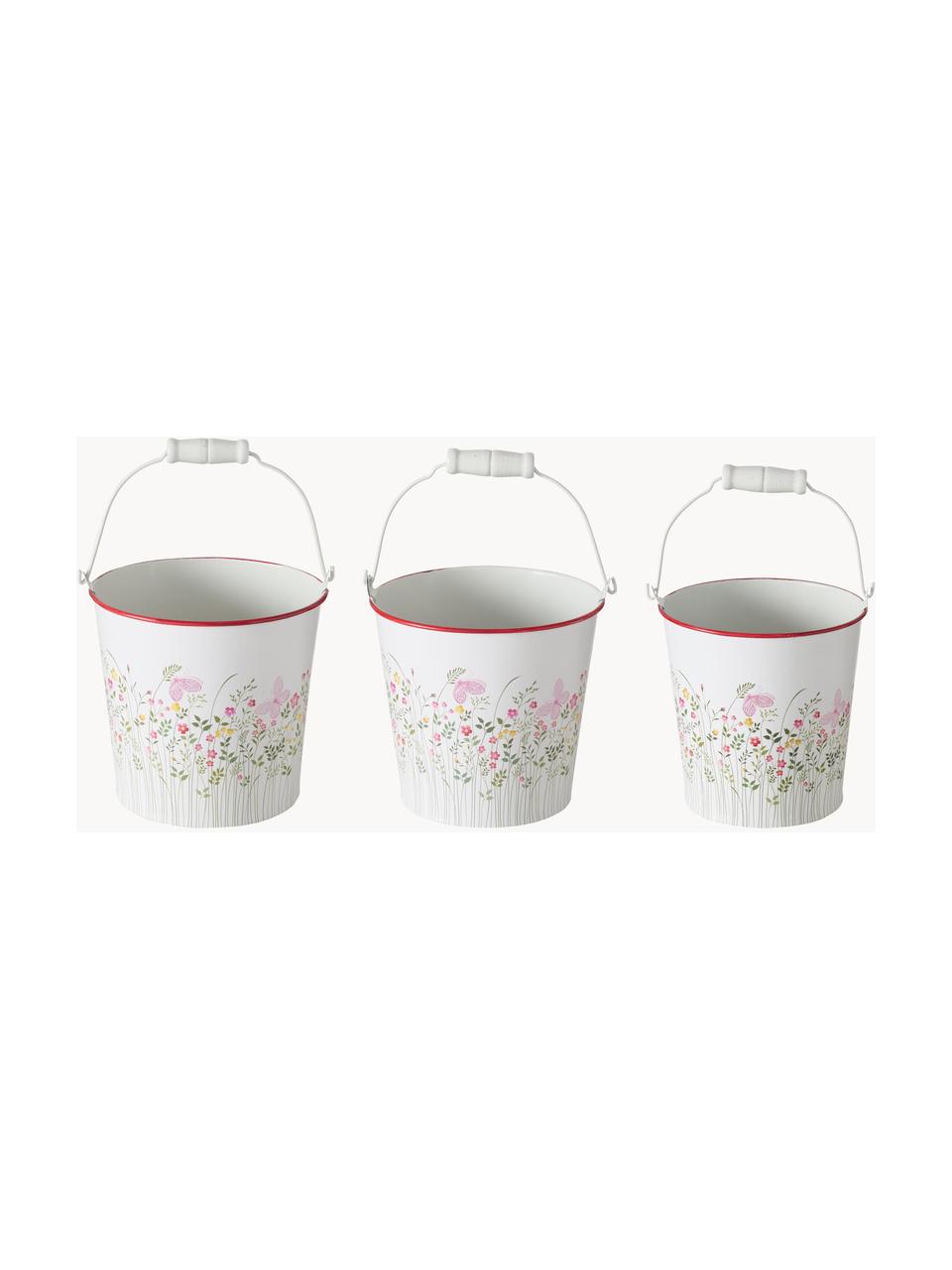 Set de maceteros pequeños Rosalie, 3 uds., Asa: madera recubierta, Blanco, multicolor, Set de diferentes tamaños