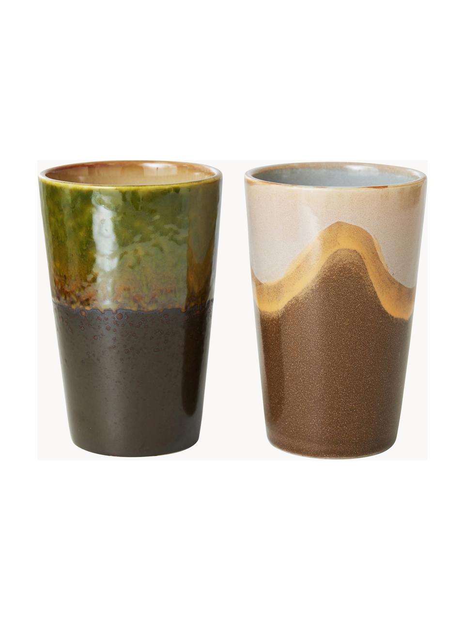 Set di 2 tazze XL dipinte a mano con smalto reattivo 70's, Ceramica, Marrone, beige, verde oliva, Ø 9 x Alt. 14 cm, 475 ml