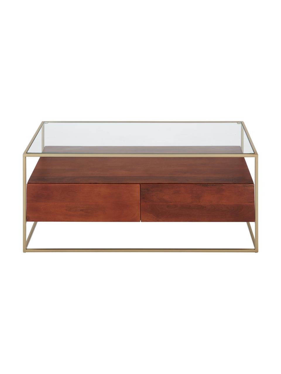 Houten salontafel Theodor met lades, Tafelblad: glas, Frame: gepoedercoat metaal, Mangohout, bruin, B 100 x D 55 cm