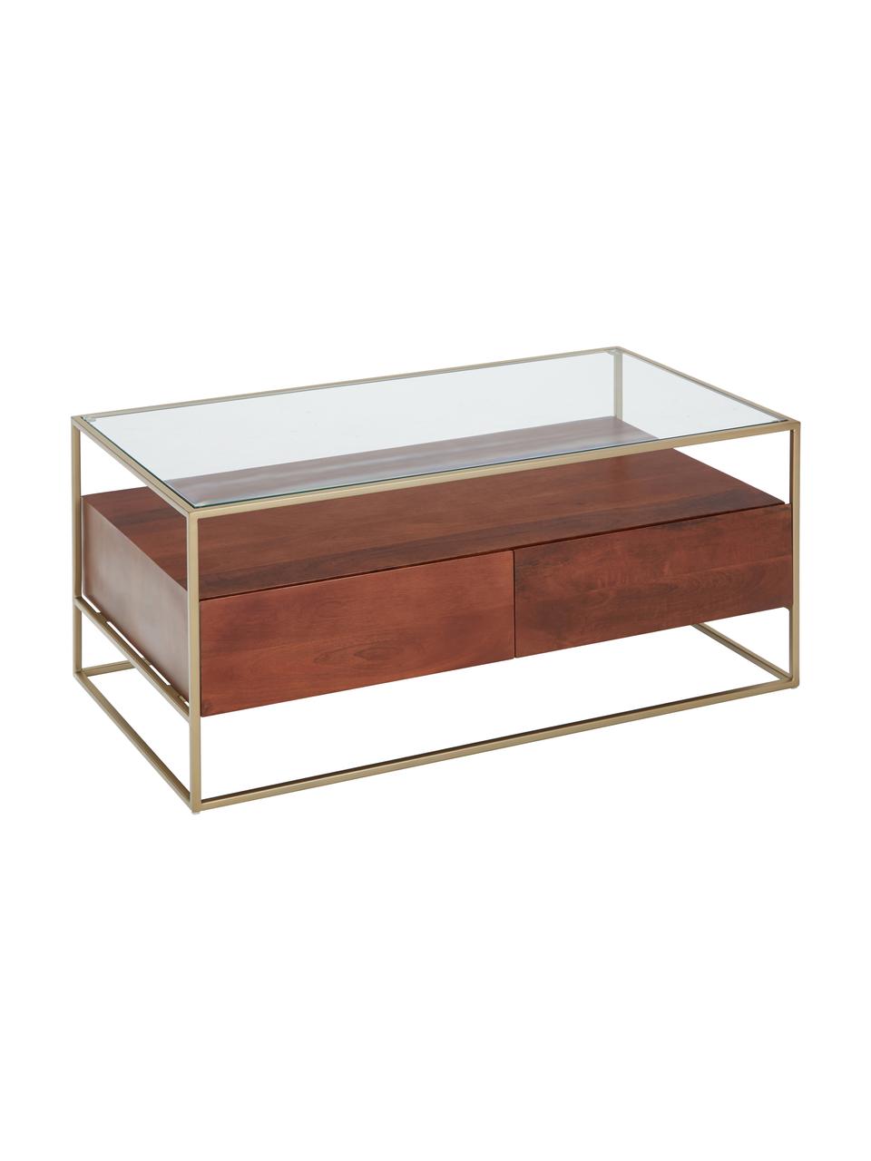 Holz-Couchtisch Theodor mit Schubladen, Tischplatte: Glas, Gestell: Metall, pulverbeschichtet, Mangoholz, Braun, B 100 x T 55 cm