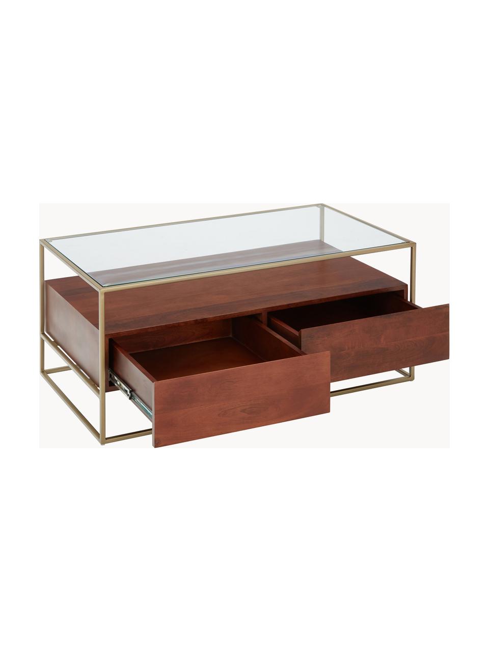 Holz-Couchtisch Theodor mit Schubladen, Tischplatte: Glas, Gestell: Metall, pulverbeschichtet, Mangoholz, Goldfarben, Transparent, B 100 x T 55 cm