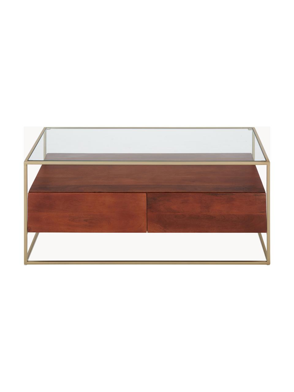 Holz-Couchtisch Theodor mit Schubladen, Tischplatte: Glas, Gestell: Metall, pulverbeschichtet, Mangoholz, Goldfarben, Transparent, B 100 x T 55 cm