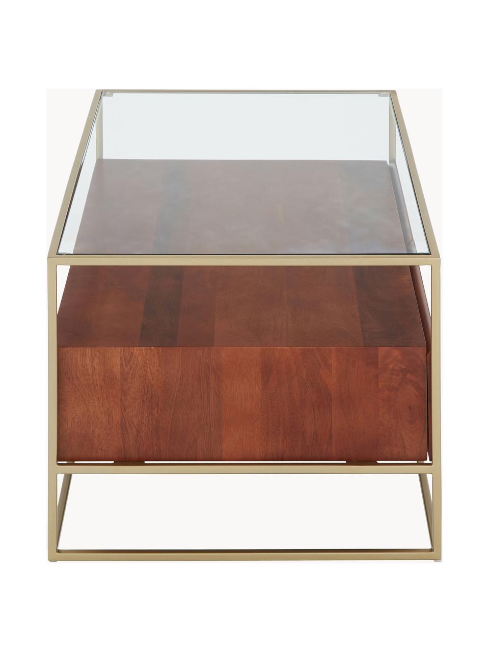 Houten salontafel Theodor, Tafelblad: glas, Frame: gepoedercoat metaal, Mangohout, bruin, B 100 x D 55 cm