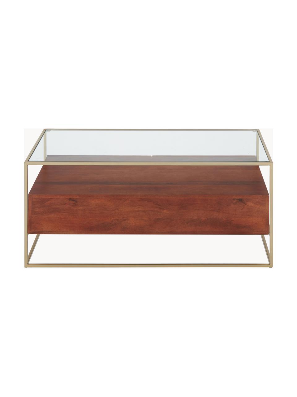 Holz-Couchtisch Theodor mit Schubladen, Tischplatte: Glas, Gestell: Metall, pulverbeschichtet, Mangoholz, Goldfarben, Transparent, B 100 x T 55 cm