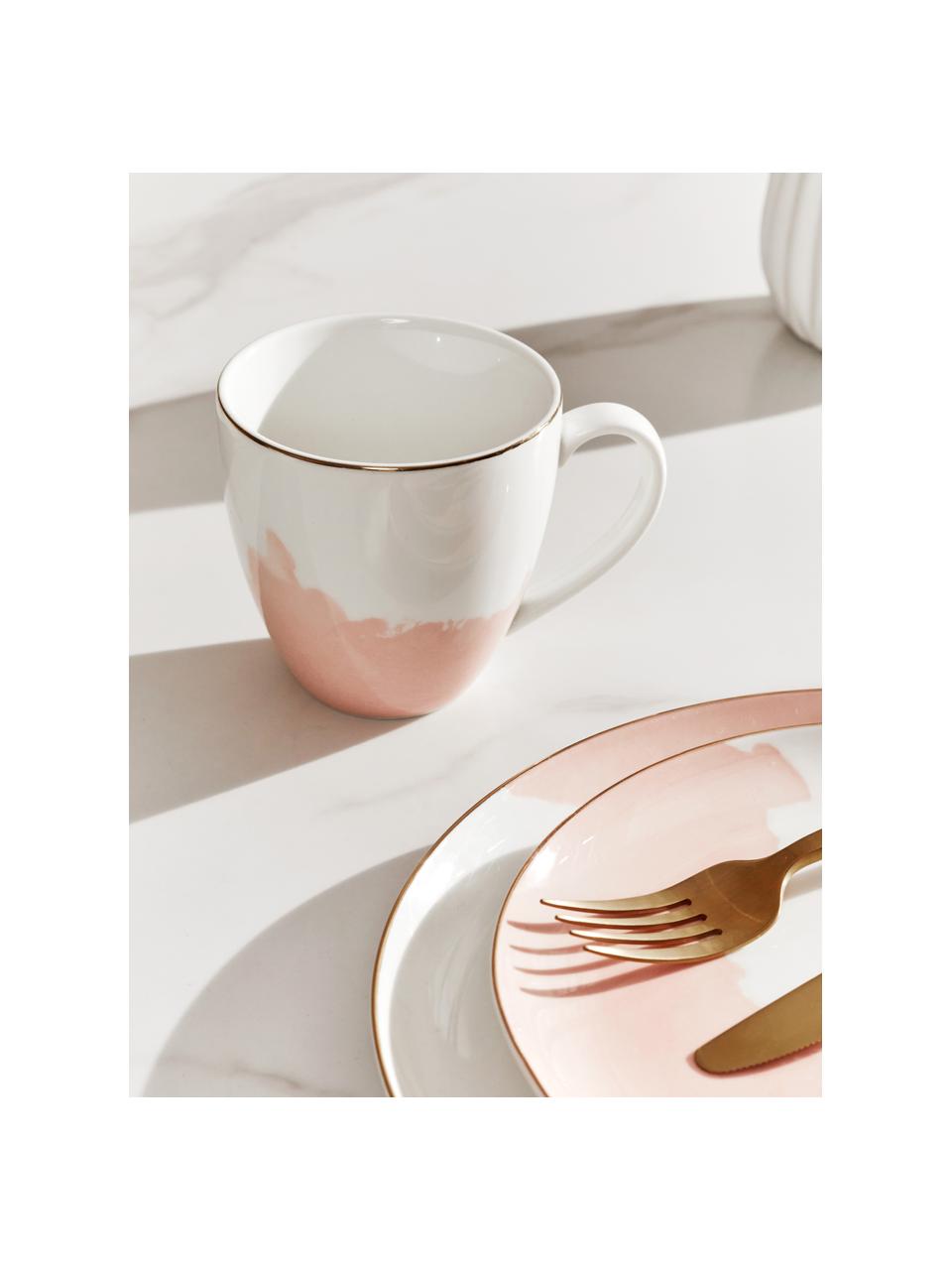 Tasses à café en porcelaine avec bord doré Rosie, 2 pièces, Porcelaine, Blanc, rose, Ø 12 x haut. 9 cm
