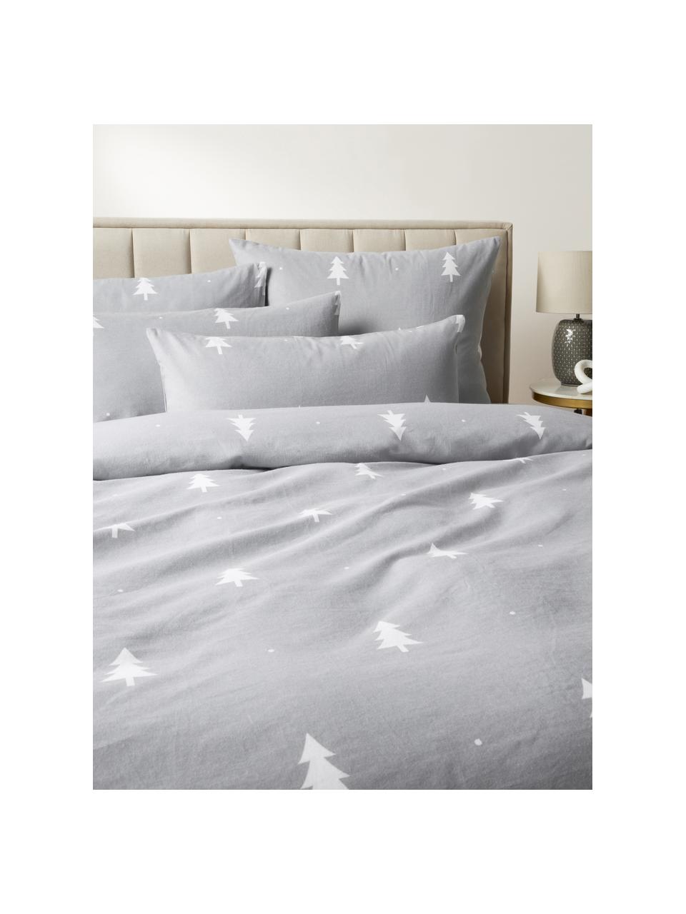 Housse de couette en flanelle avec sapins X-mas Tree, Gris clair, blanc, larg. 200 x long. 200 cm