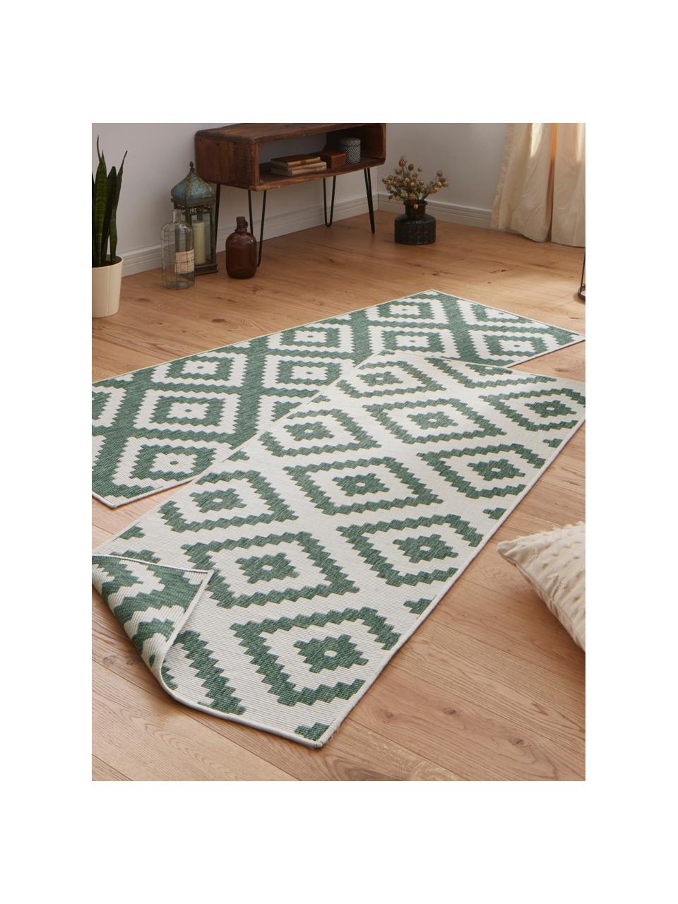 Tapis d'extérieur vert crème Malta, 100 % polypropylène, Blanc cassé, vert foncé, larg. 80 x long. 250 cm