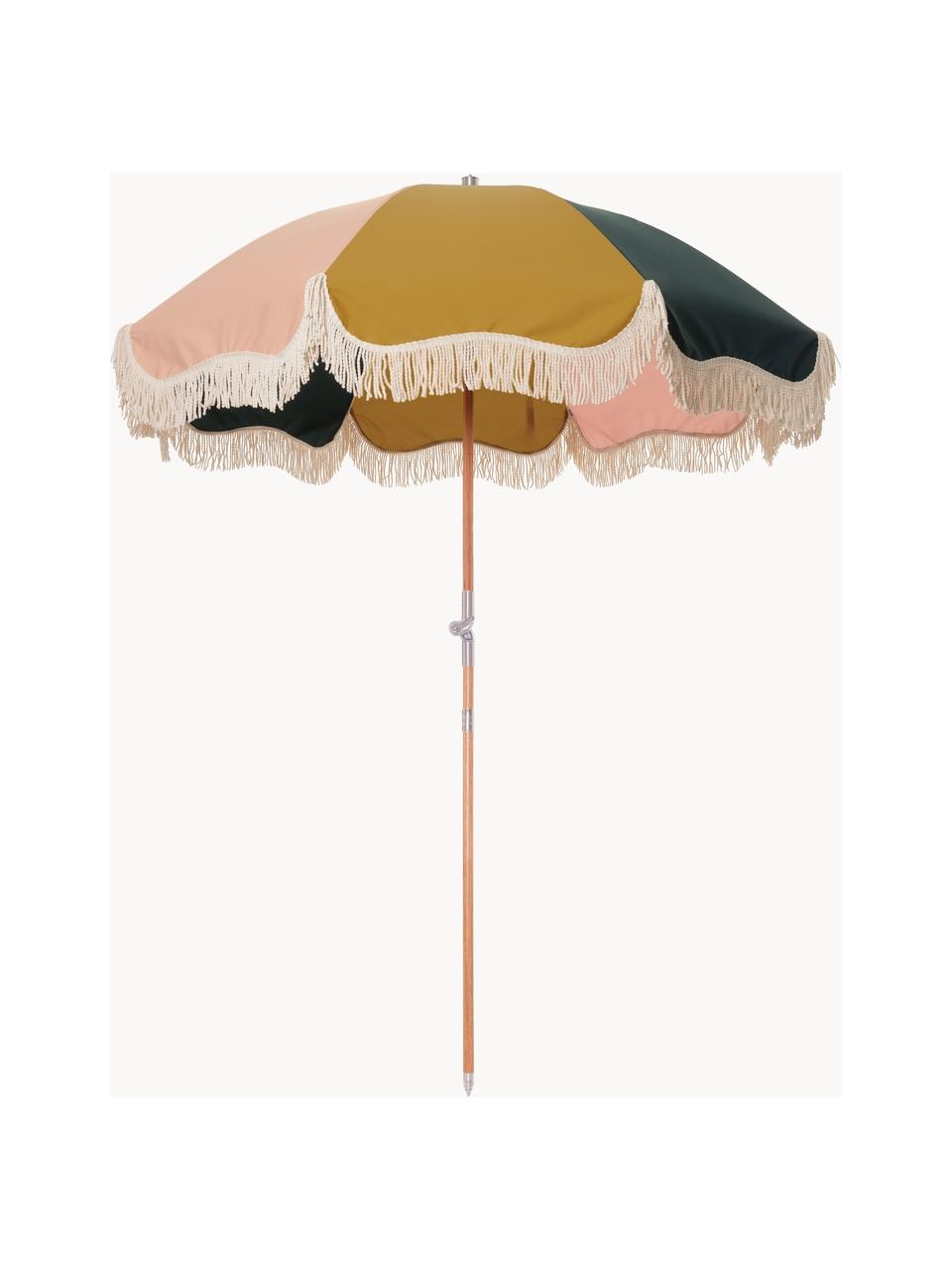 Parasol Retro met franjes, knikbaar, Frame: gelamineerd hout, Franjes: katoen, Oker, lichtroze, zwart, crèmewit, Ø 180 x H 230 cm