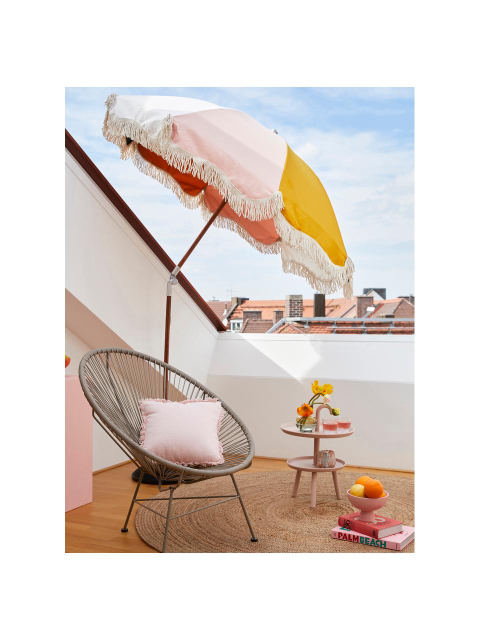 Parasol inclinable avec franges Retro, Ø 180 cm, Ocre, rose pâle, noir, blanc crème, Ø 180 x haut. 230 cm