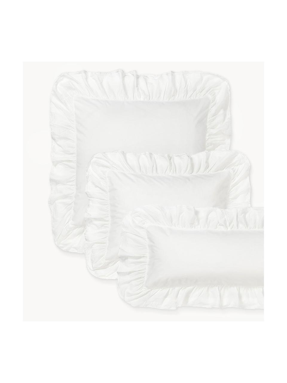 Taie d'oreiller en percale de coton délavé avec volants Louane, Blanc, larg. 50 x long. 70 cm