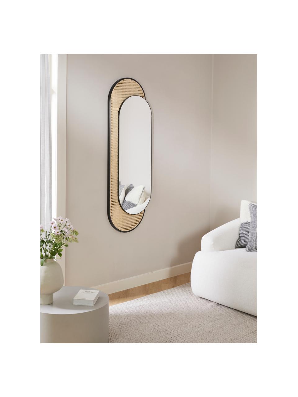 Ovale wandspiegel Esma met Weens vlechtwerk, Lijst: metaal, rotan, Zwart, beige, B 51 x H 143 cm