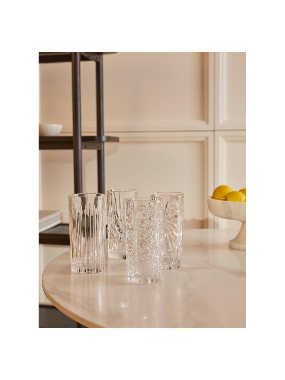 Vasos altos de cristal con relive Bichiera, 4 uds., Cristal 

¡Trae el brillo del cristal a tu mesa de comedor! El cristal es excepcionalmente transparente y pesado, lo que significa que se siente valioso y al mismo tiempo tiene un buen aspecto. Además, los delicados cortes hacen de cada pieza un detalle especial, práctico y bonito., Transparente, Ø 7 x Al 15 cm, 360 ml