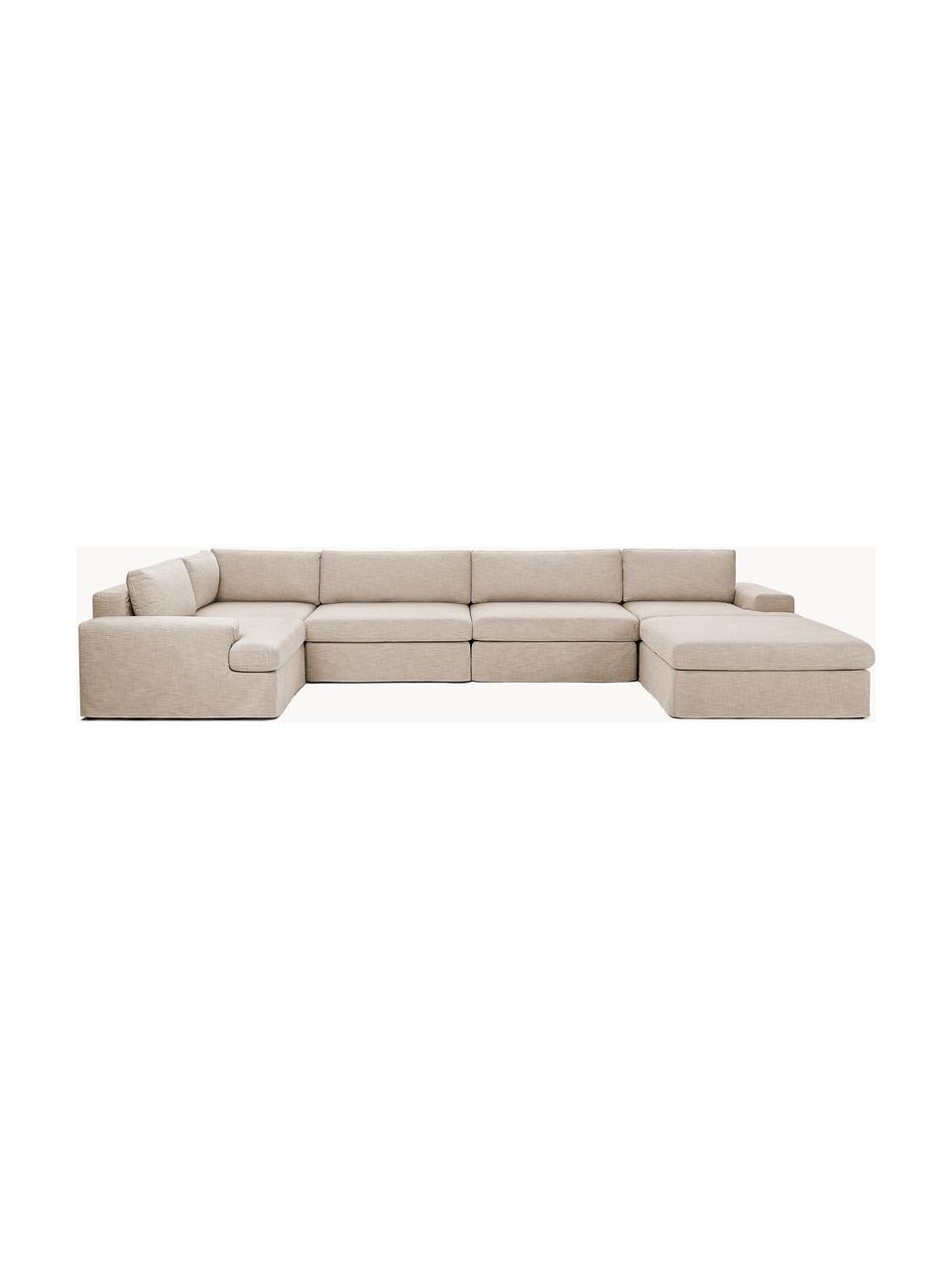 Sofa modułowa Russell, Tapicerka: 100% bawełna Dzięki tkani, Stelaż: lite drewno sosnowe z cer, Nogi: tworzywo sztuczne, Beżowa tkanina, S 412 x W 77 cm