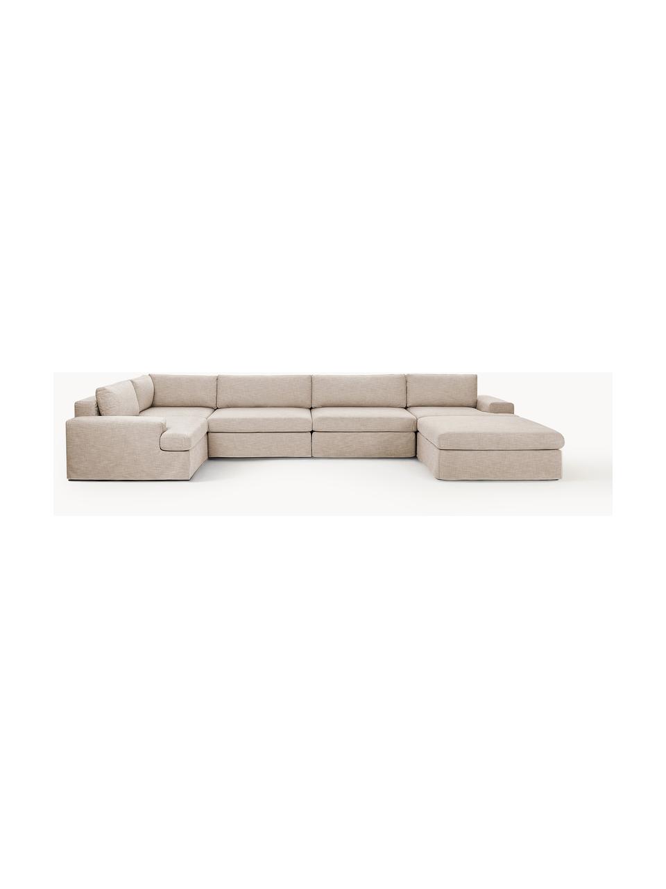 Sofa modułowa Russell, Tapicerka: 100% bawełna Dzięki tkani, Stelaż: lite drewno sosnowe, skle, Nogi: tworzywo sztuczne Ten pro, Beżowa tkanina, S 412 x W 77 cm