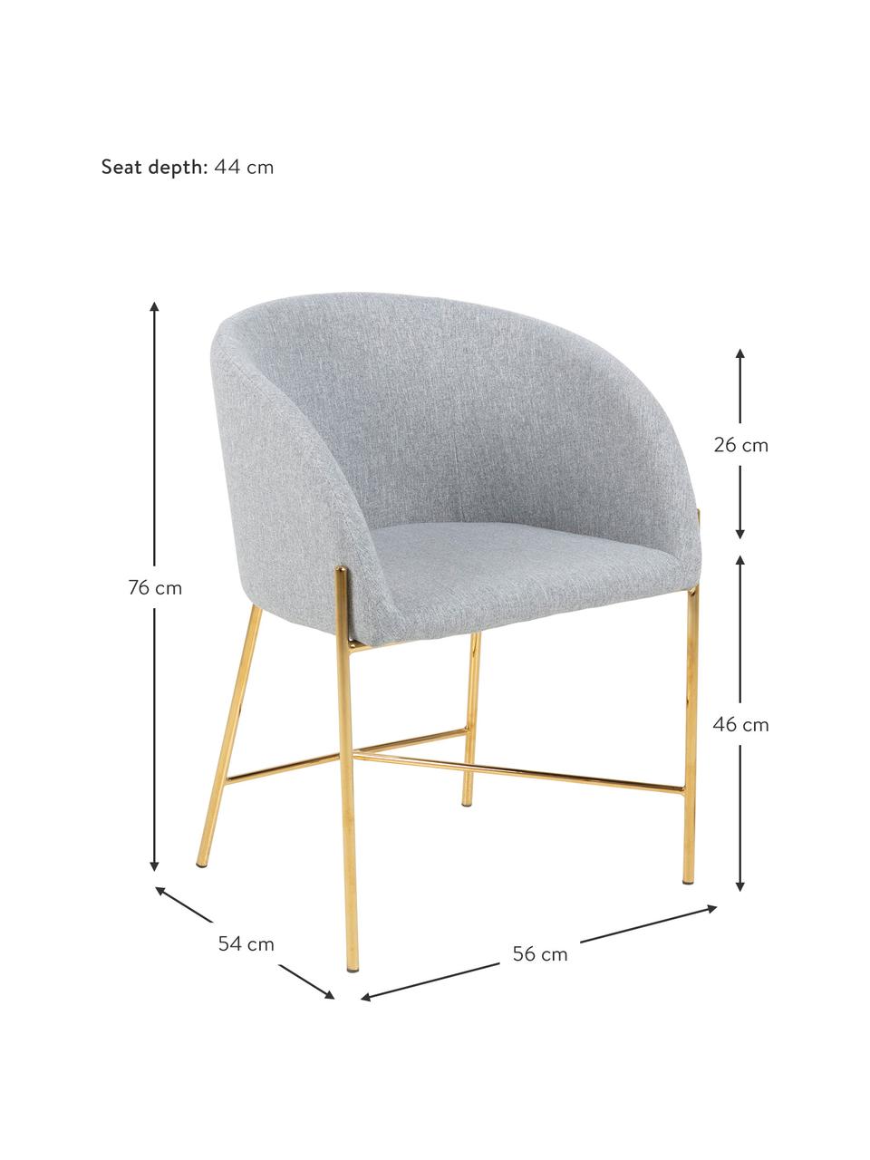 Chaise rembourrée Nelson, Tissu gris clair, pieds or, larg. 56 x prof. 54 cm