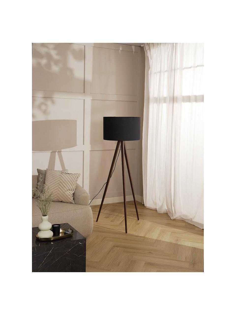 Scandi tripod vloerlamp Jake van massief hout, Lampenkap: katoen, Lampvoet: essenhout, FSC-gecertific, Zwart, bruin, H 150cm