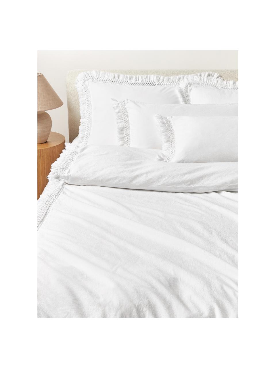 Housse de couette en percale de coton à franges Abra, Blanc crème, larg. 135 x long. 200 cm