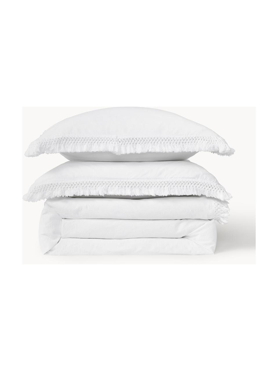 Housse de couette en percale de coton à franges Abra, Blanc crème, larg. 135 x long. 200 cm