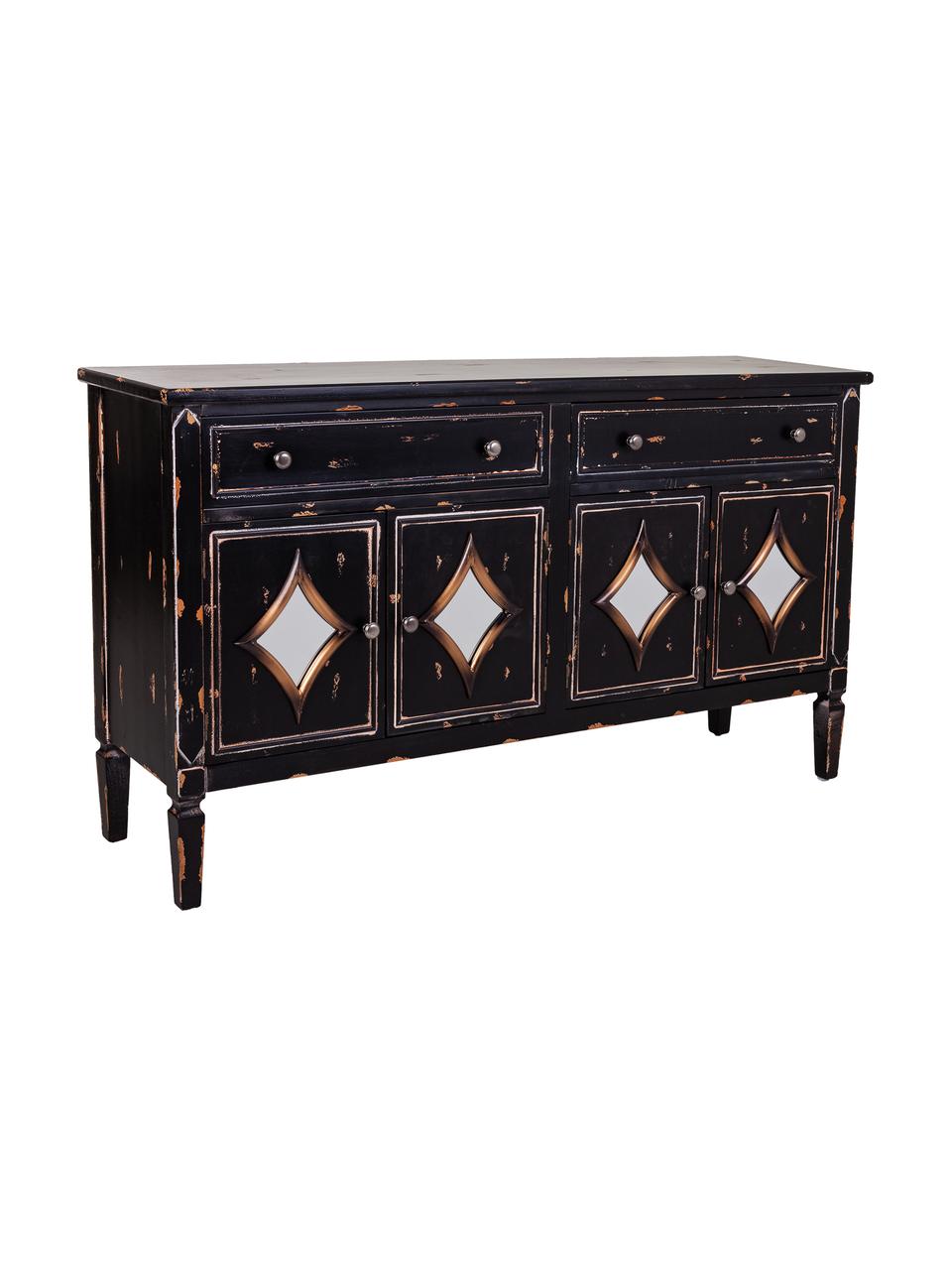 Credenza in legno di abete con finitura antica Rene, Nero, argentato, tonalità marroni, Larg. 140 x Alt. 80 cm