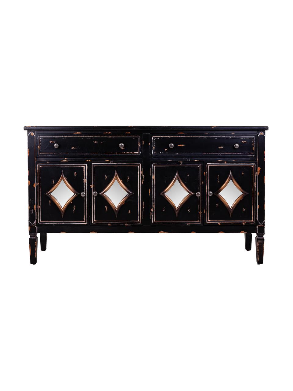 Credenza in legno di abete con finitura antica Rene, Nero, argentato, tonalità marroni, Larg. 140 x Alt. 80 cm