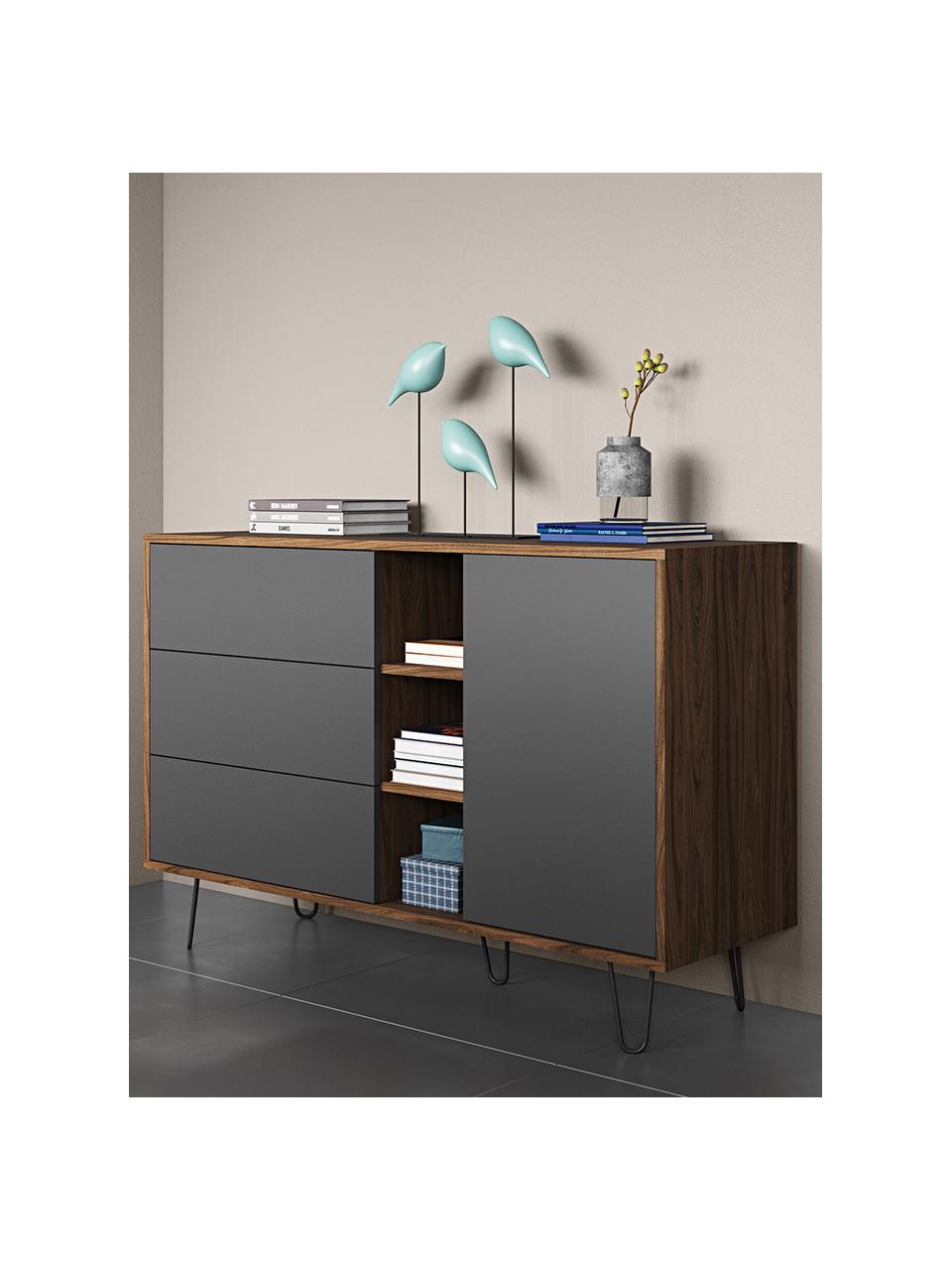 Design-Sideboard Aero mit Schubladen, Korpus: Spanplatte, melaminbeschi, Walnussholz, Grau, 120 x 80 cm