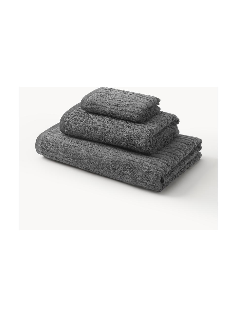 Set de toallas de algodón Audrina, tamaños diferentes, Gris oscuro, Set de 3 (toalla tocador, toalla lavabo y toalla ducha)