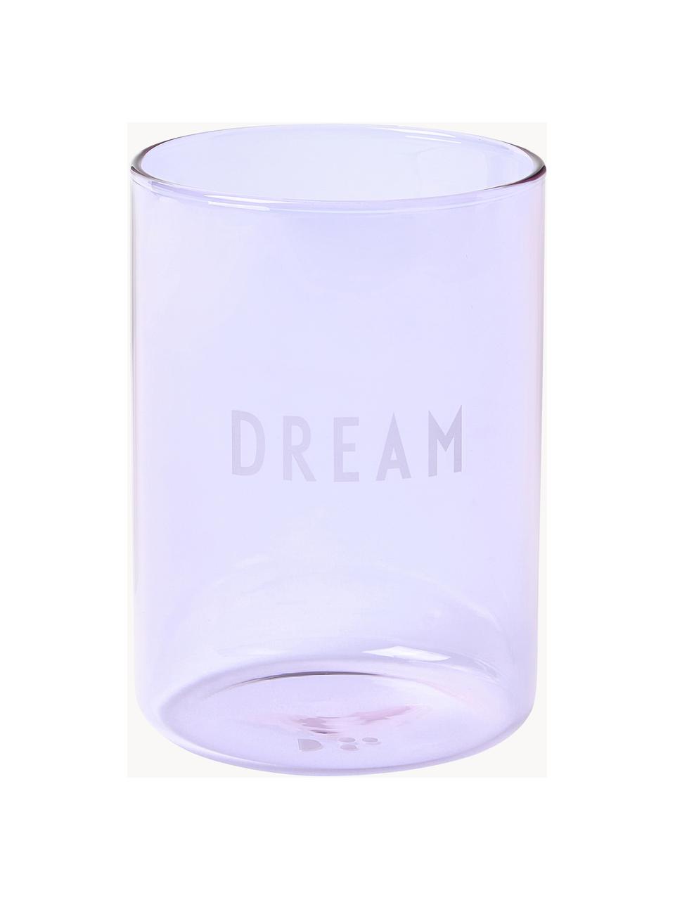 Designová sklenice s nápisem Favourite DREAM, Borosilikátové sklo, Fialová (Dream), Ø 8 x V 11 cm, 350 ml