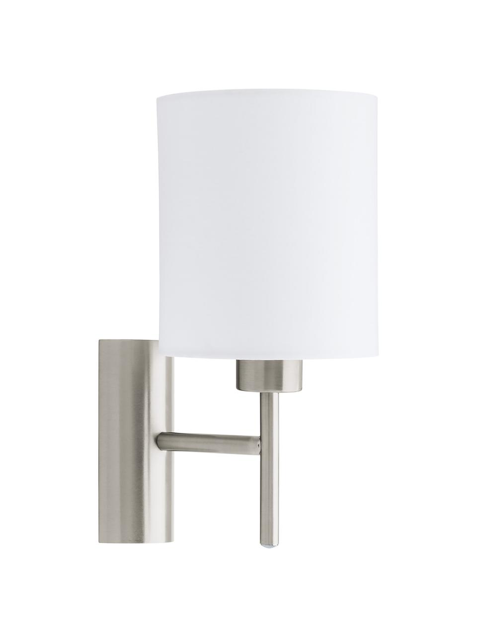 Klassieke wandlamp Mick, Lampenkap: textiel, Frame: vernikkeld metaal, Wit, zilverkleurig, D 18 x H 31 cm