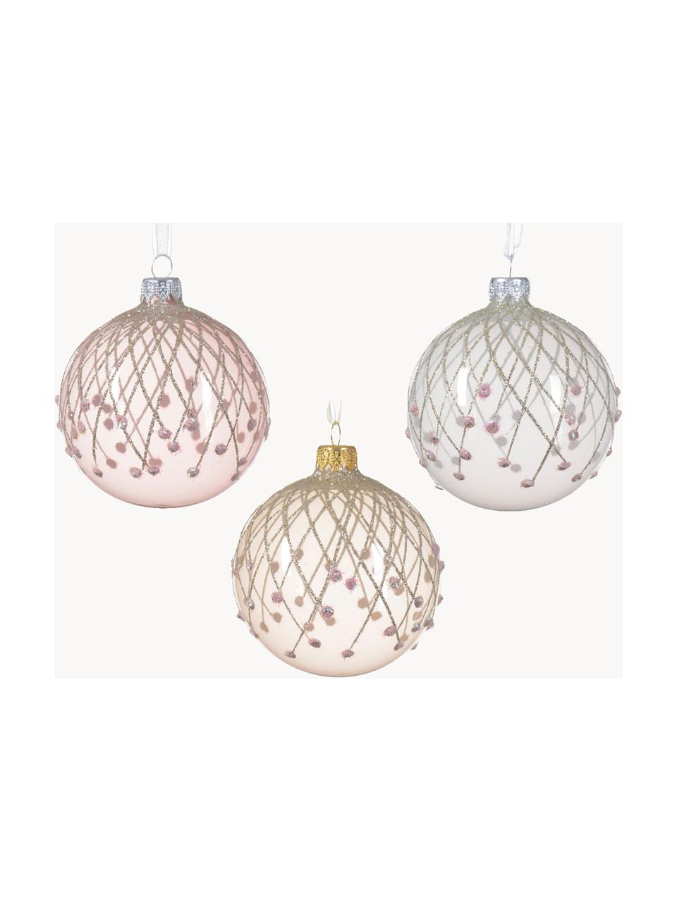 Boules de Noël Bling, 6 élém., Verre, Rose, beige, argenté, transparent, Ø 8 cm