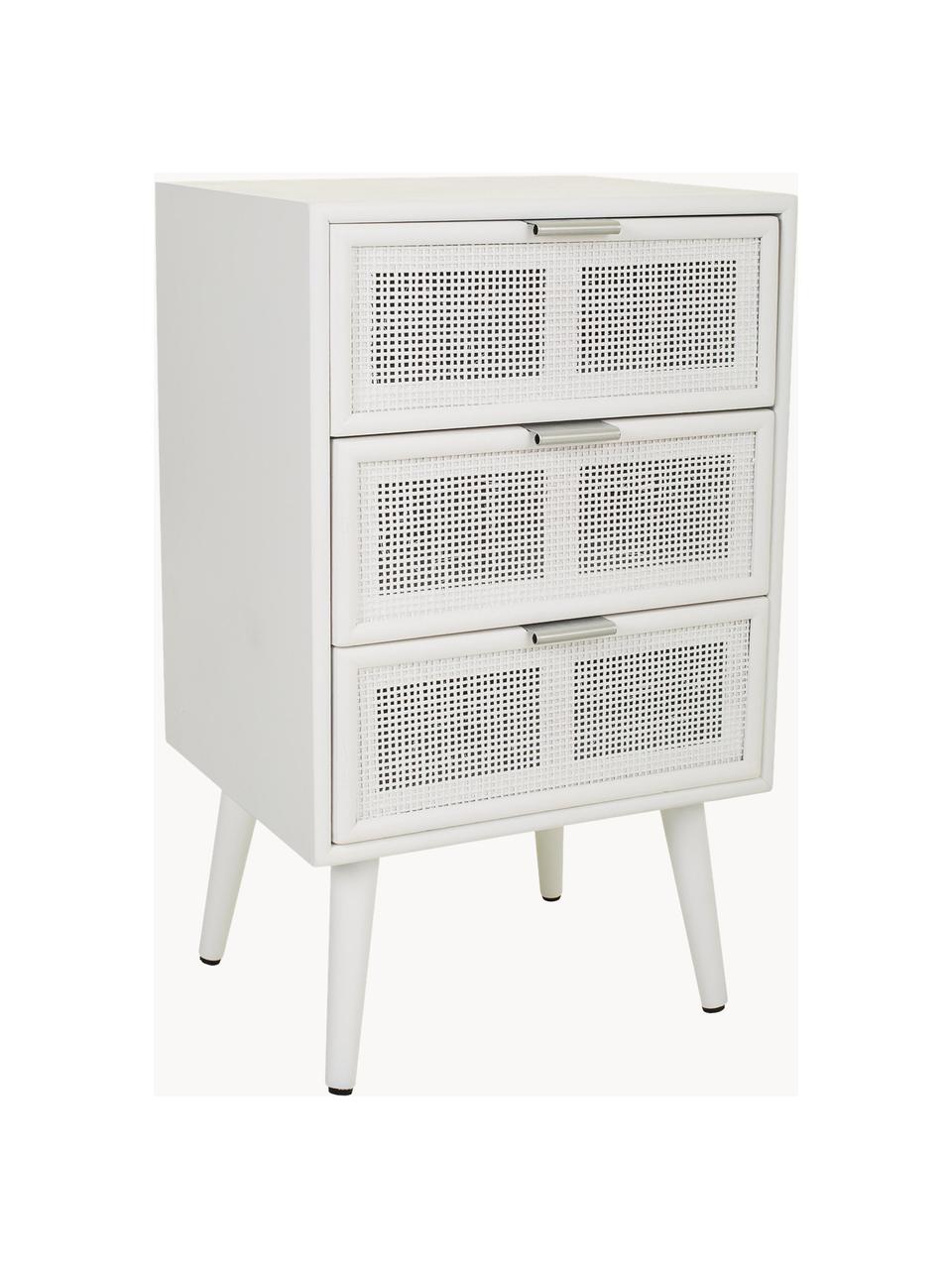 Mesita de noche de madera Cayetana Shelfy, Estructura: tablero de fibras de dens, Patas: madera de bambú pintada, Ratán, blanco, An 42 x Al 71 cm