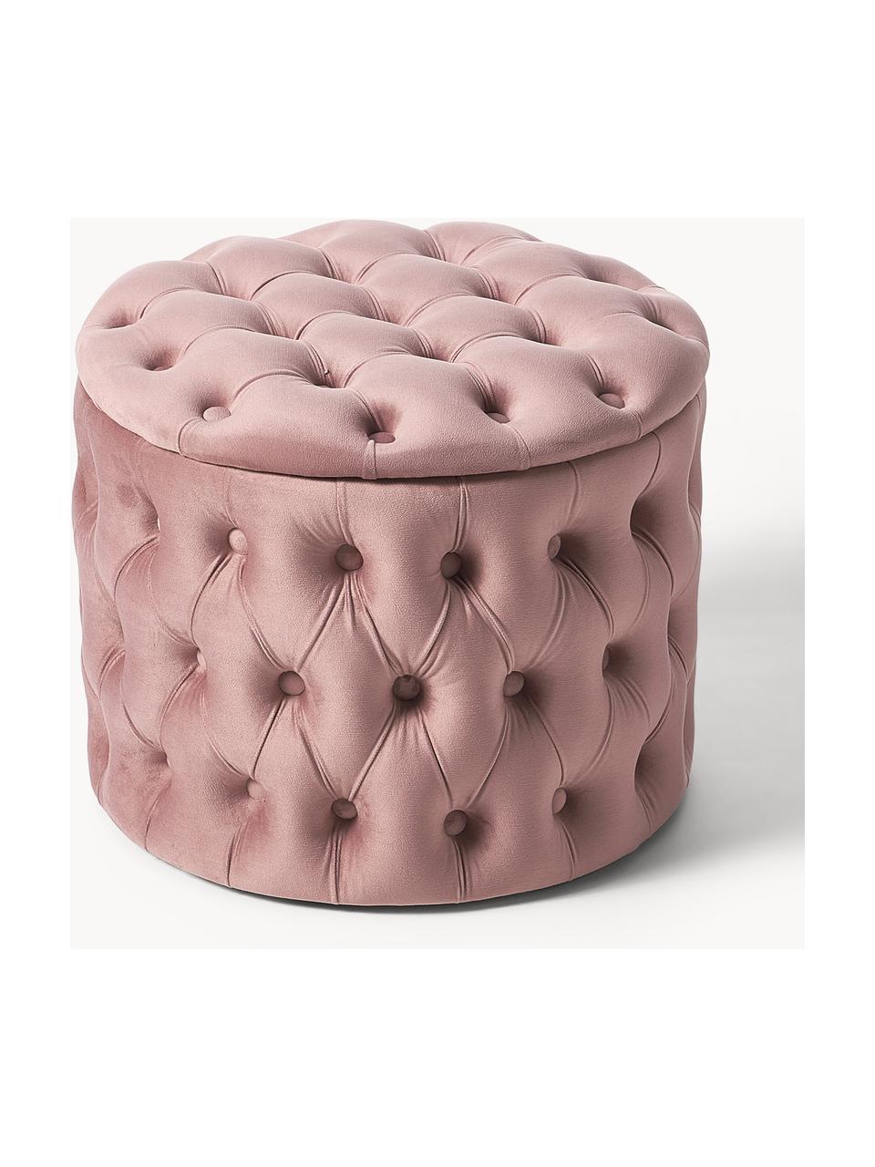 Pouf coffre en velours Chiara, Velours vieux rose, Ø 50 x haut. 42 cm