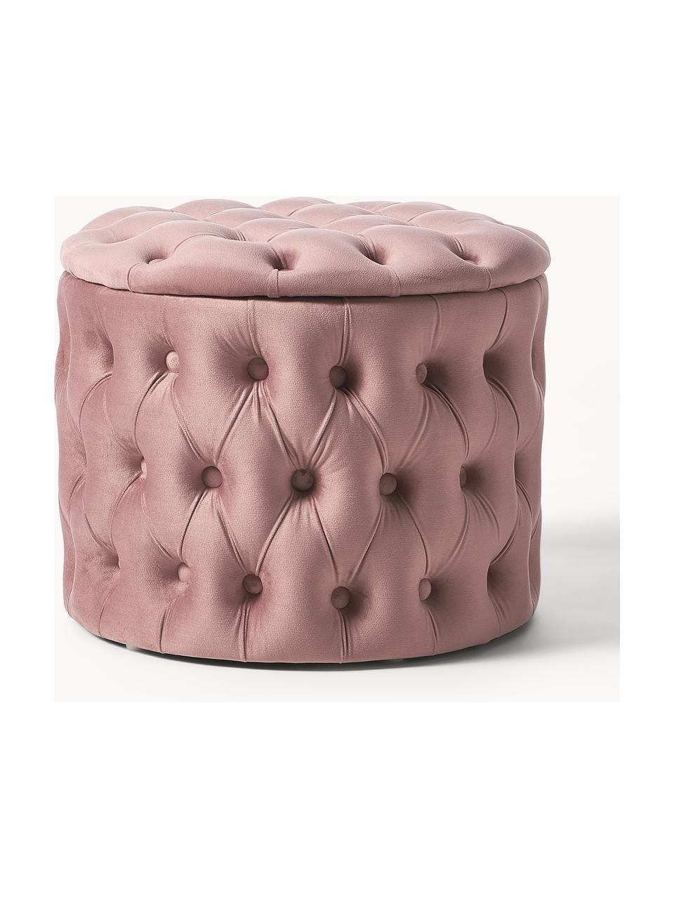 Pouf coffre en velours Chiara, Velours vieux rose, Ø 50 x haut. 42 cm