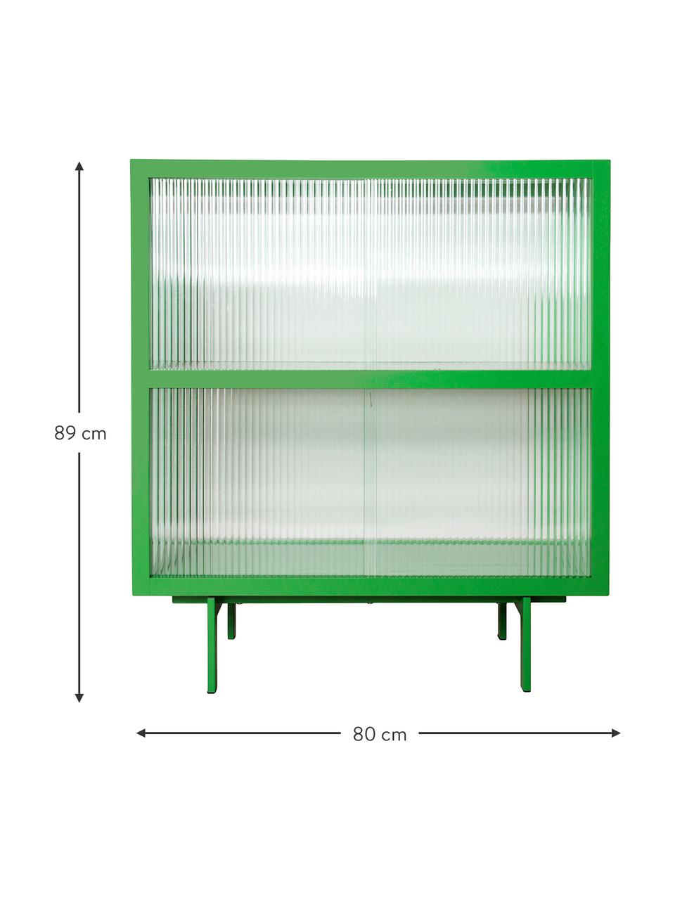 Credenza alta con ante scorrevoli in vetro Oli, Piedini: metallo verniciato a polv, Trasparente, verde, Larg. 80 x Alt. 89 cm