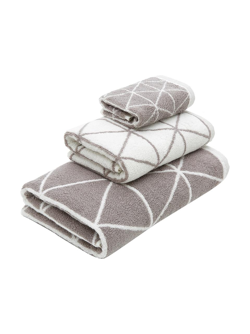 Lot de serviettes de bain réversibles Elina, 3 élém., 100 % coton
Grammage intermédiaire 550 g/m², Taupe & blanc crème, à imprimé, Lot de différentes tailles