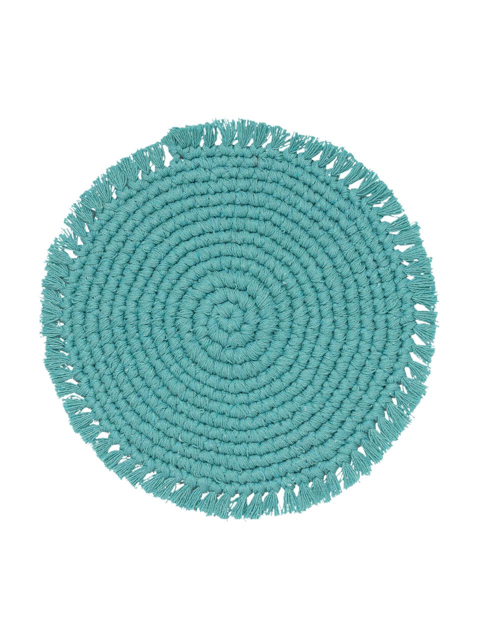 Ronde placemat Vera met franjes, 100% katoen, Turquoise, Ø 38 cm