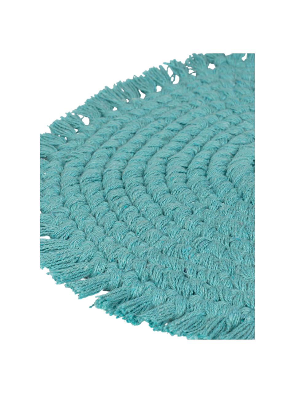 Tovaglietta americana rotonda in cotone con frange Vera, 100% cotone, Turchese, Ø 38 cm