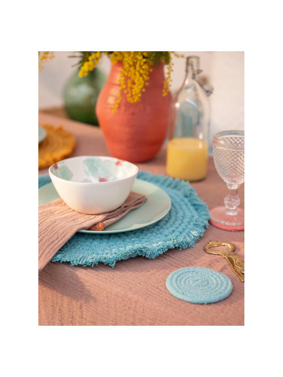 Ronde placemat Vera met franjes, 100% katoen, Turquoise, Ø 38 cm