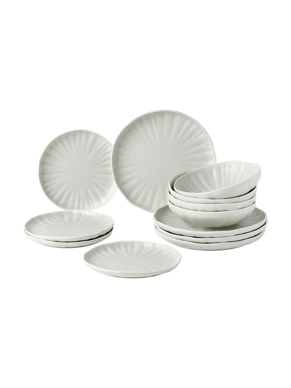 Set stoviglie in porcellana opaca con rilievo Sali, 4 persone (12 pz), Porcellana, Grigio chiaro, 4 persone (12 pz)