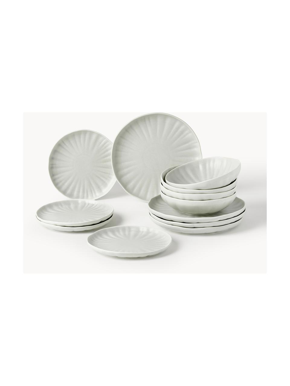 Komplet naczyń z reliefem Sali, dla 4 osób (12 elem.), Porcelana, Jasny szary, dla 4 osób (12 elem.)