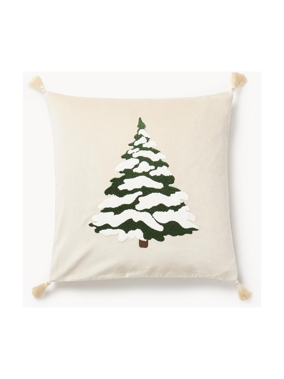 Samt-Kissenhülle Amara mit gesticktem Tannenbaum, Hülle: Samt (100 % Baumwolle), Hellbeige, Weiß, Dunkelgrün, B 50 x L 50 cm