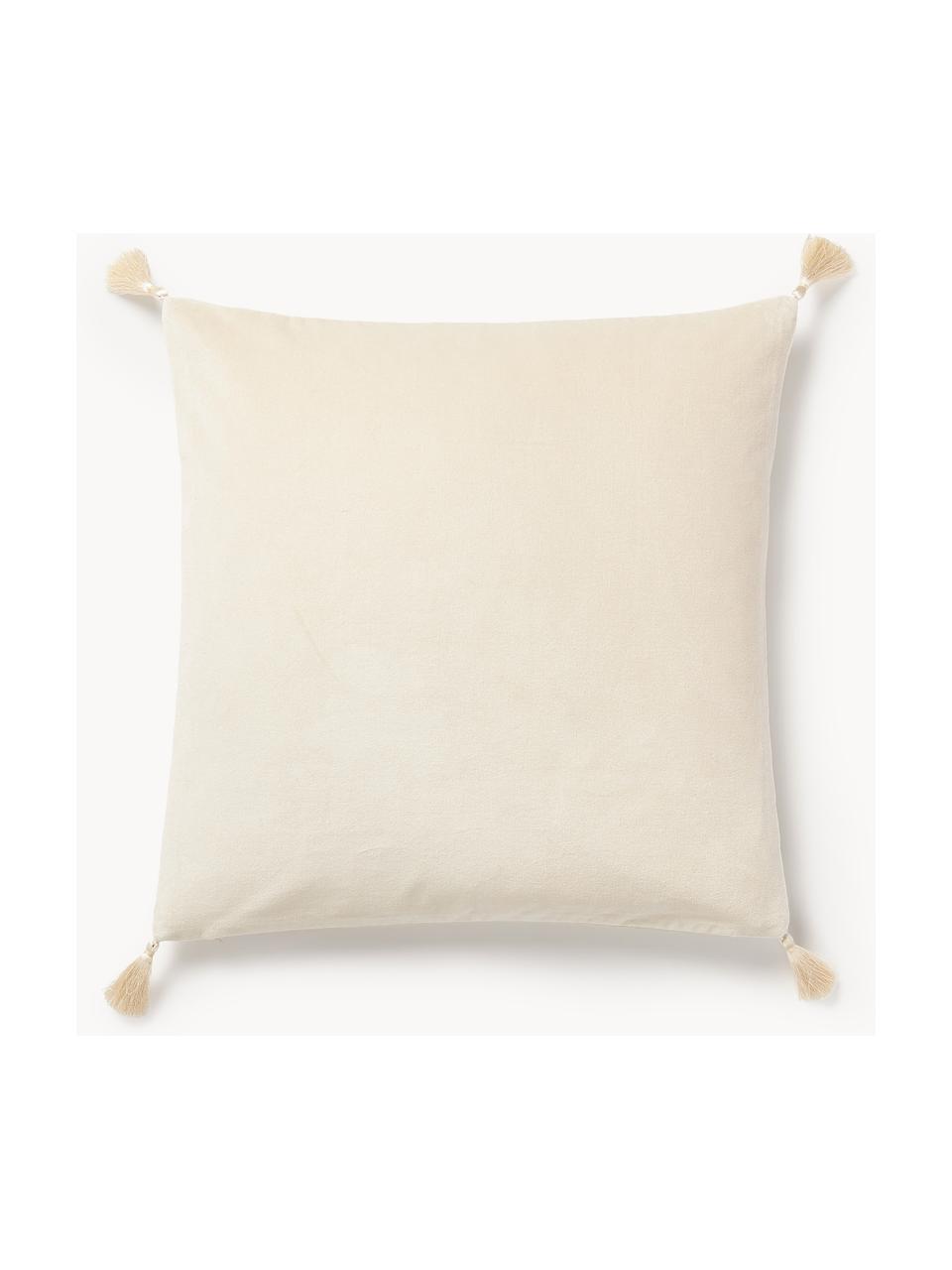 Housse de coussin en velours avec sapin brodé Amara, Beige clair, blanc, vert foncé, larg. 50 x long. 50 cm